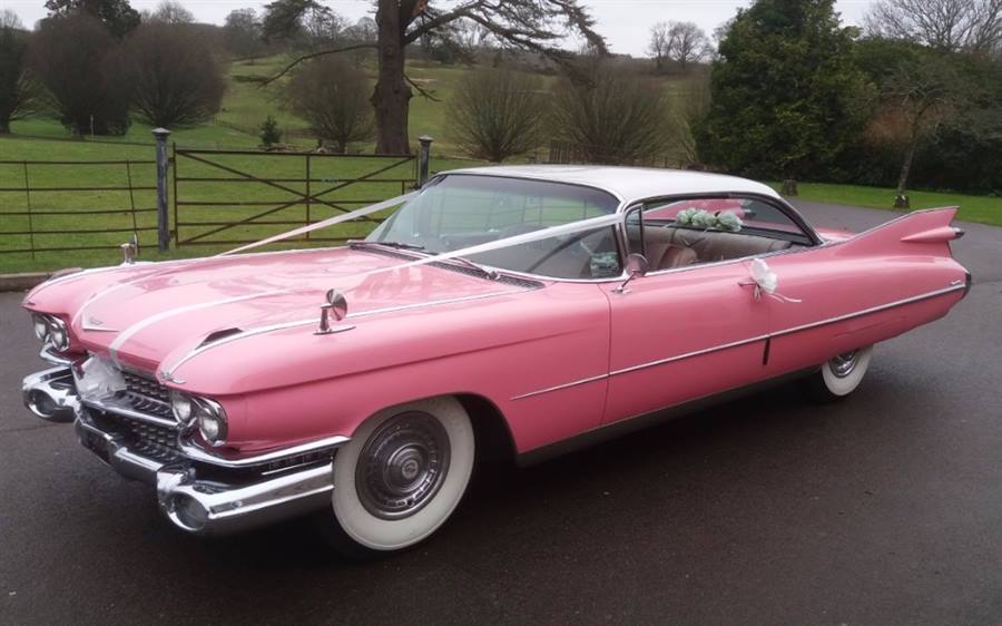 Pink Cadillac 1959 Coupe De Ville Saloon wedding car in Maesycoed 11473