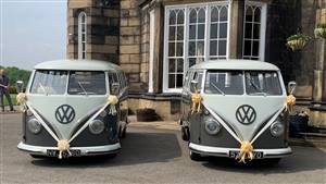 VW Campervan Pair Matching VW Campervans Wedding car. Click for more information.